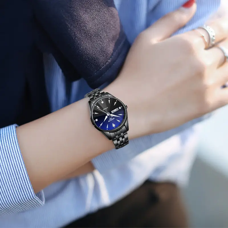 Men's Waterproof Quartz Steel Band Watch with Double Calendar
