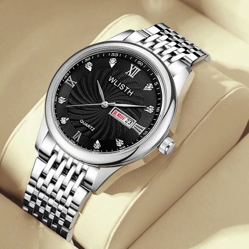 Men's Waterproof Quartz Steel Band Watch with Double Calendar