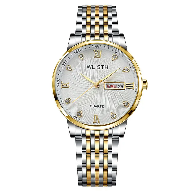 Men's Waterproof Quartz Steel Band Watch with Double Calendar