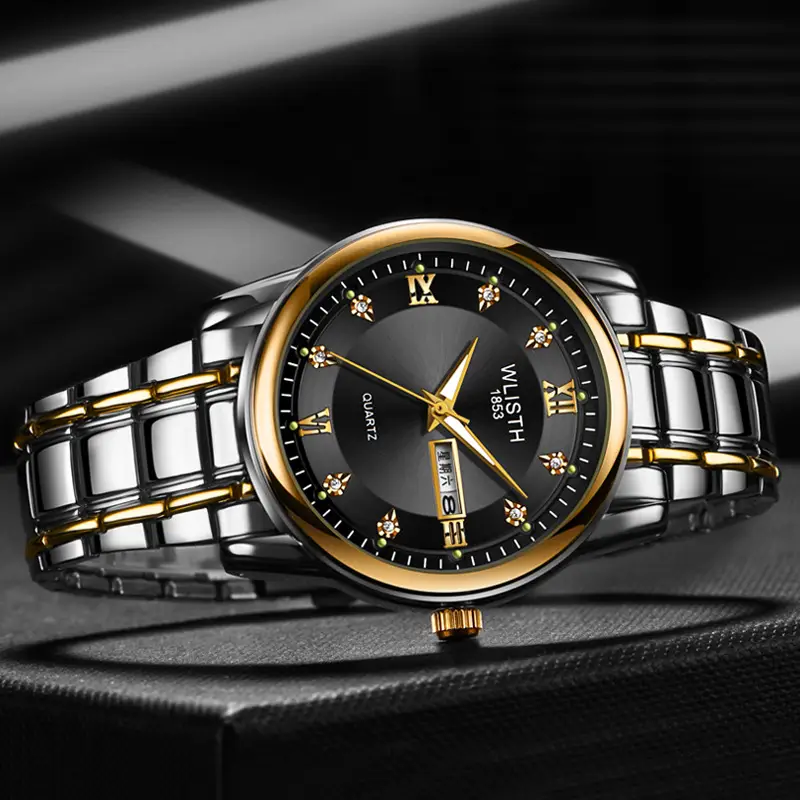 Men's Waterproof Quartz Steel Band Watch with Double Calendar