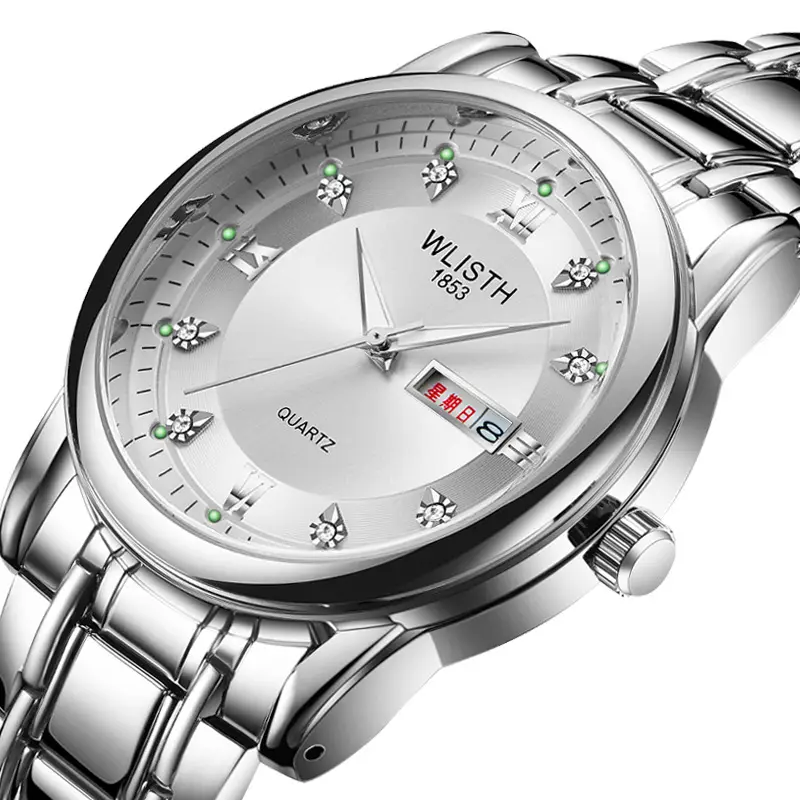 Men's Waterproof Quartz Steel Band Watch with Double Calendar