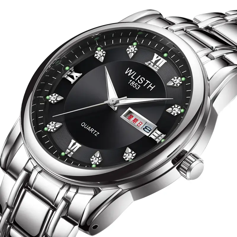 Men's Waterproof Quartz Steel Band Watch with Double Calendar