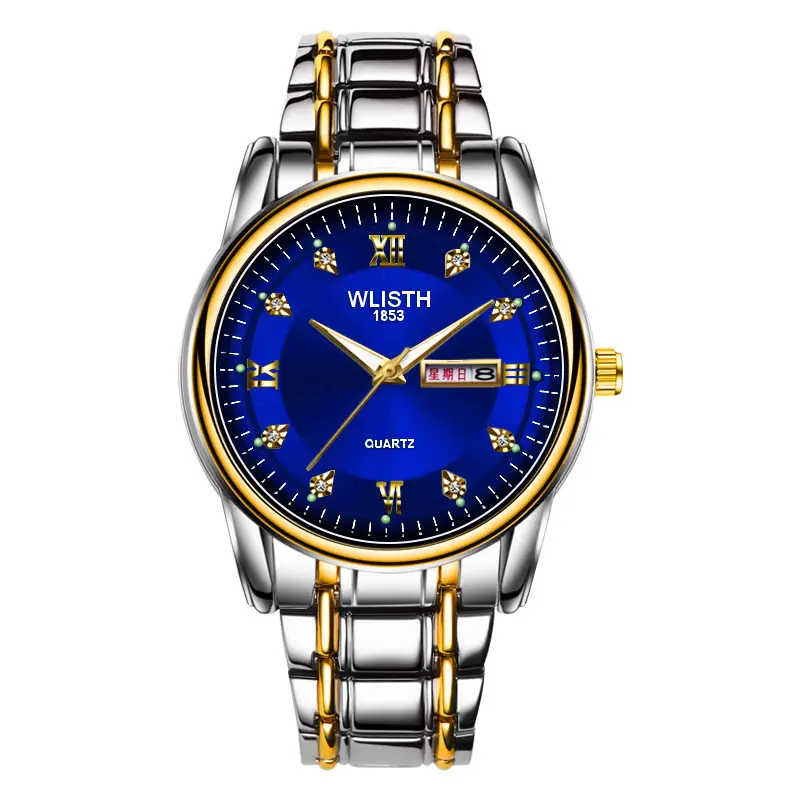 Men's Waterproof Quartz Steel Band Watch with Double Calendar