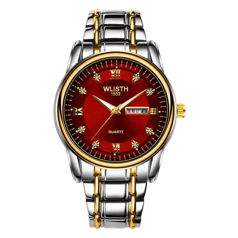 Men's Waterproof Quartz Steel Band Watch with Double Calendar