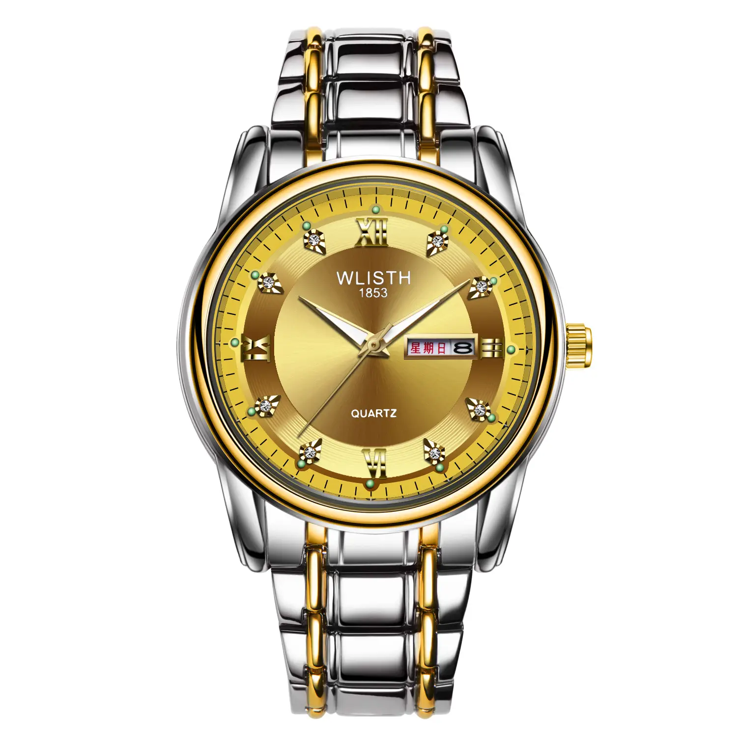 Men's Waterproof Quartz Steel Band Watch with Double Calendar