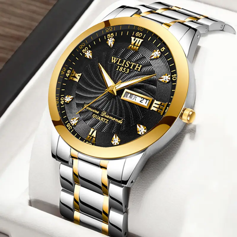 Men's Waterproof Quartz Steel Band Watch with Double Calendar