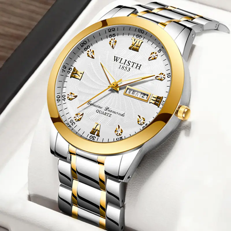 Men's Waterproof Quartz Steel Band Watch with Double Calendar