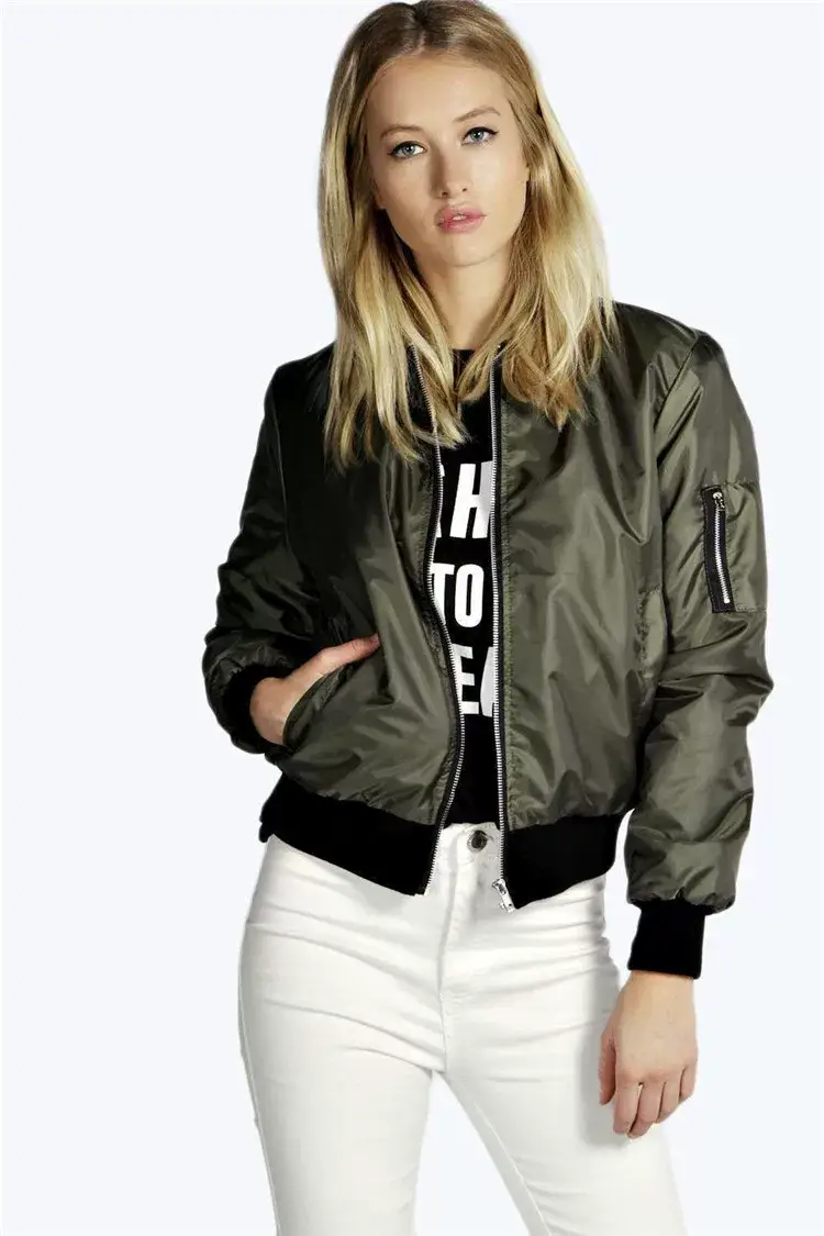 Women Bomber Jacket Olive Green Zipper Winter Jacket — feature 6