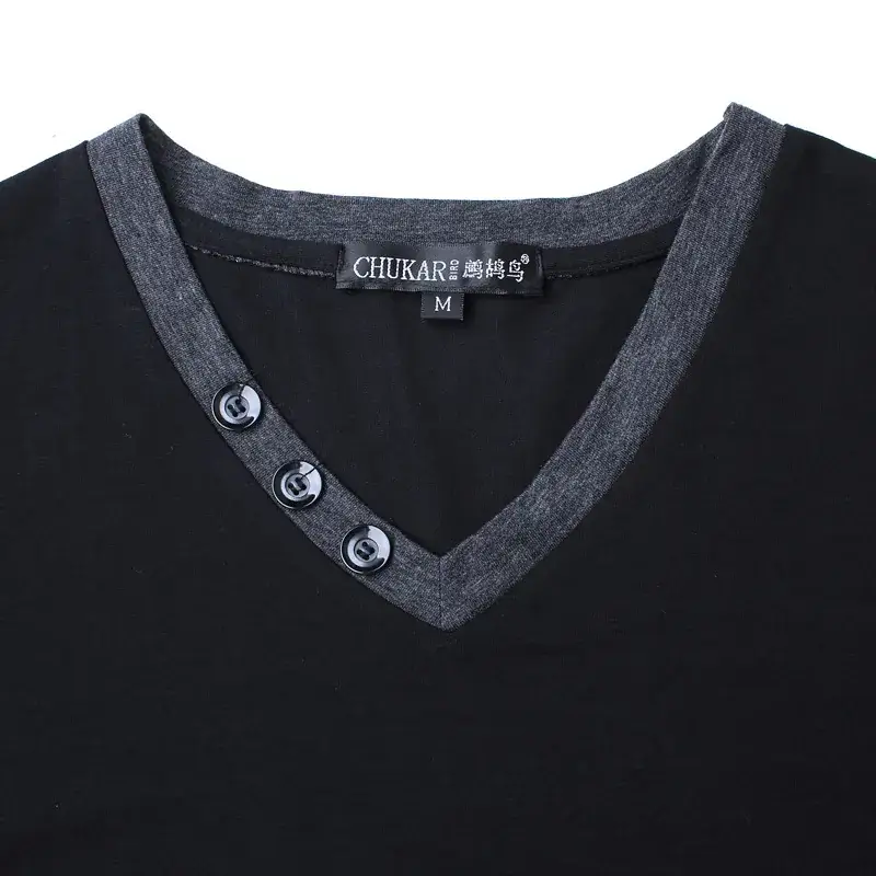 Cotton V-neck Long Sleeve T-Shirt Grey Black - Image 3