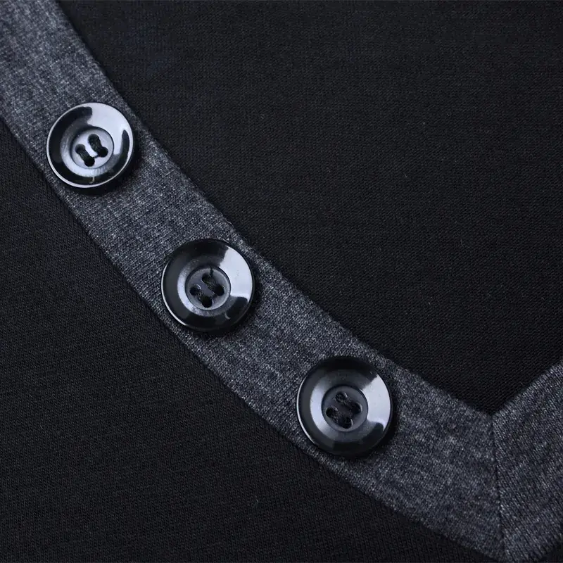 Cotton V-neck Long Sleeve T-Shirt Grey Black - Image 4