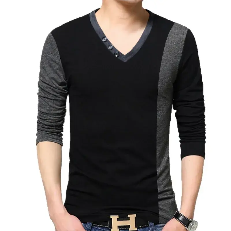 Cotton V-neck Long Sleeve T-Shirt Grey Black - Image 5