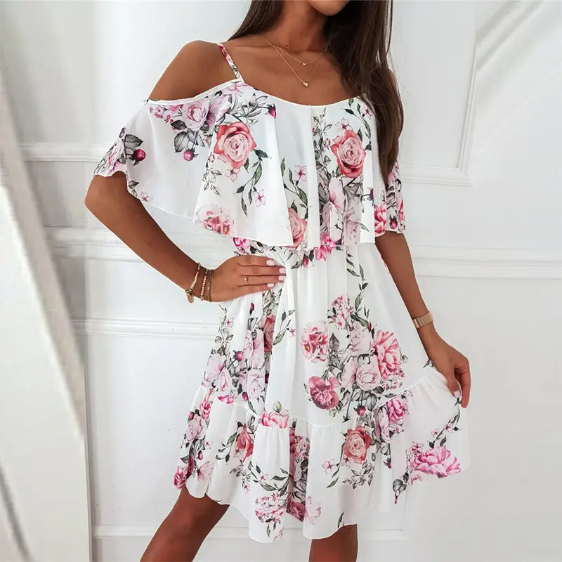 White Floral Chiffon Off-Shoulder Dress for Women - Image 7