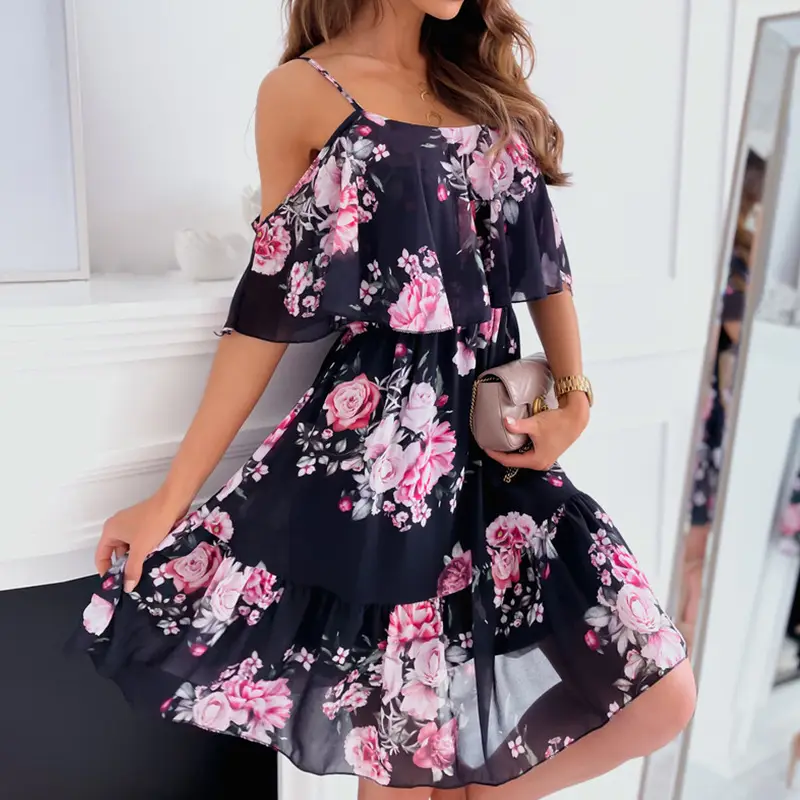 White Floral Chiffon Off-Shoulder Dress for Women - Image 10
