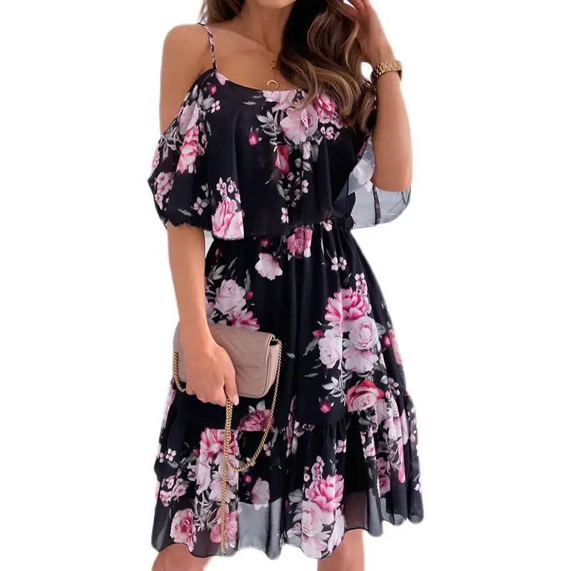 White Floral Chiffon Off-Shoulder Dress for Women - Image 11