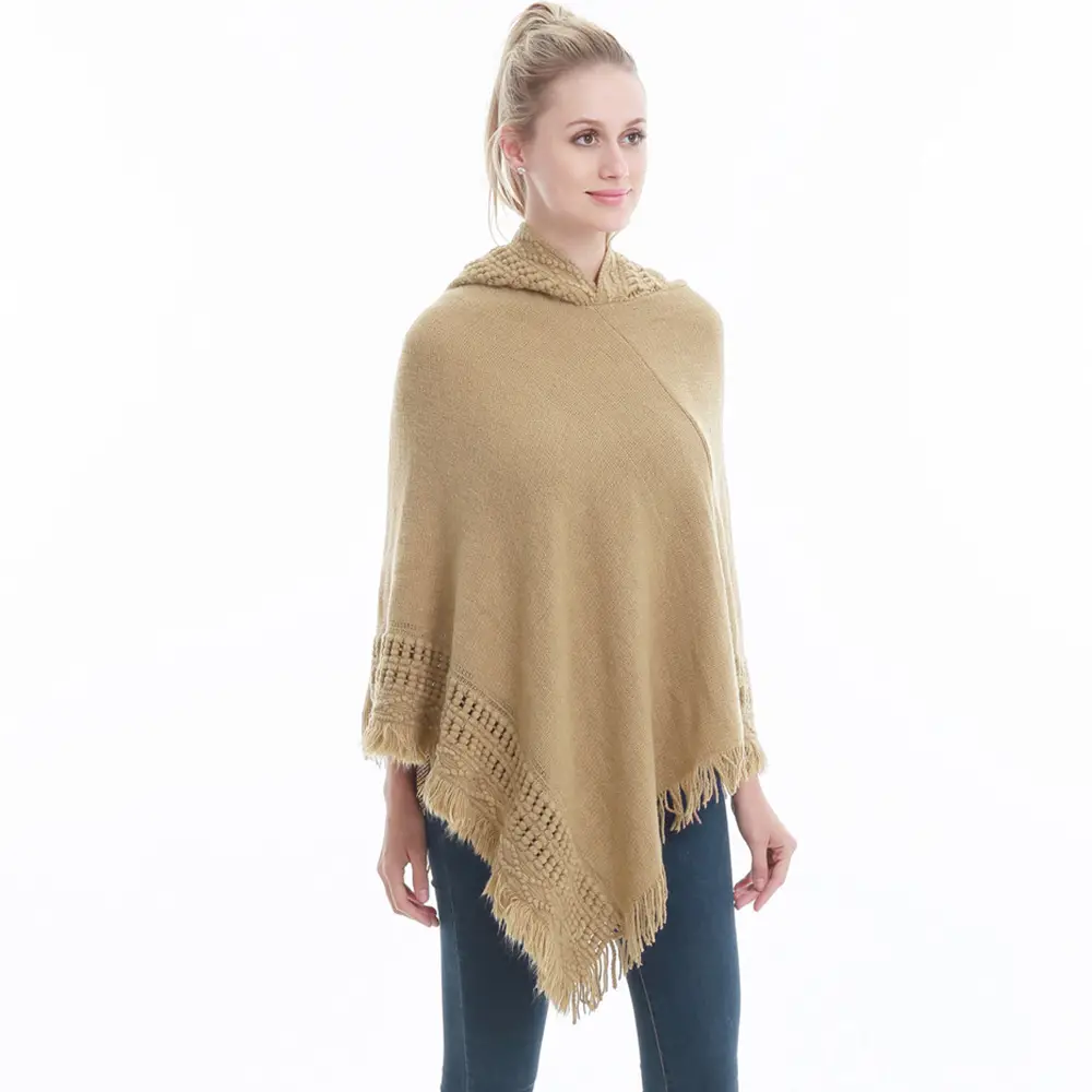 Women's Cream Knitted Hooded Shawl Large - Image 2