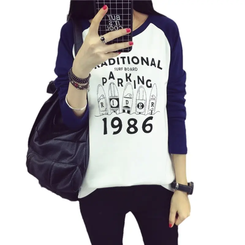 Women's Long Sleeve Printed T-Shirt White Blue 1986 Design - Image 25
