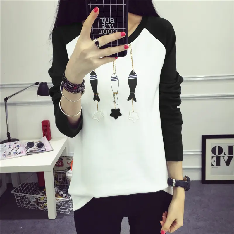 Women's Long Sleeve Printed T-Shirt White Blue 1986 Design - Image 7