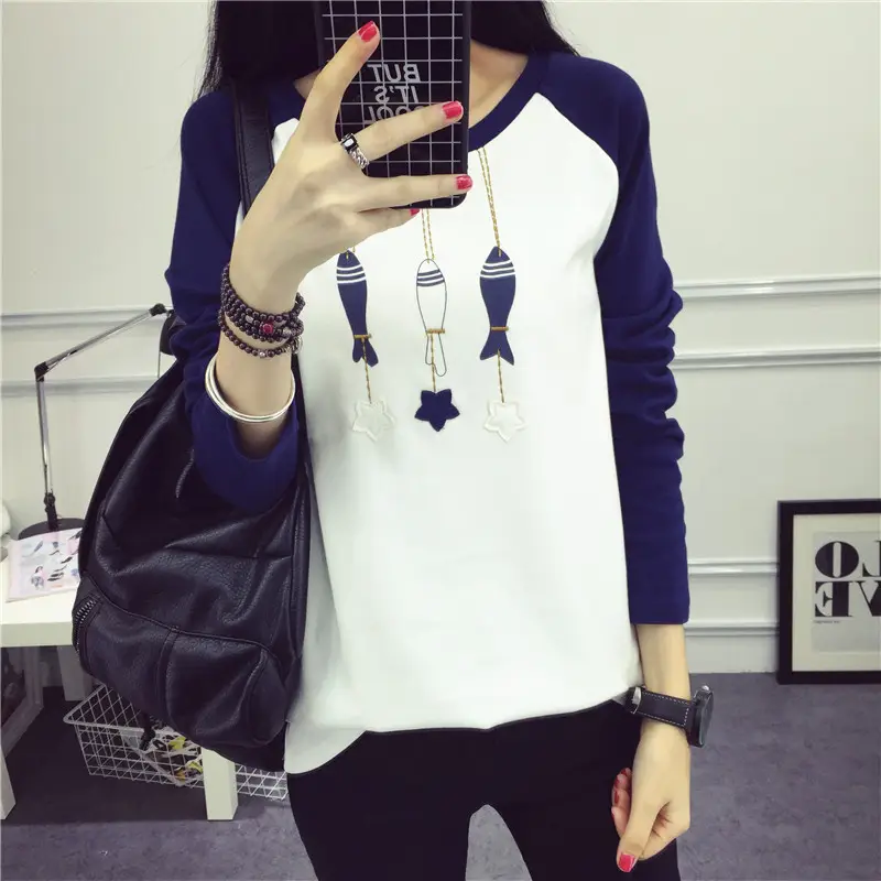 Women's Long Sleeve Printed T-Shirt White Blue 1986 Design - Image 8