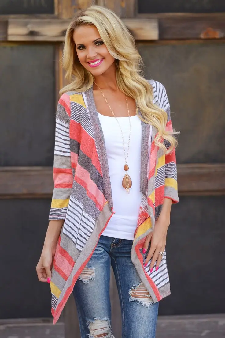 Asymmetrical Cardigan Jacket Teal Gray Blue 3Q Sleeve - Image 3