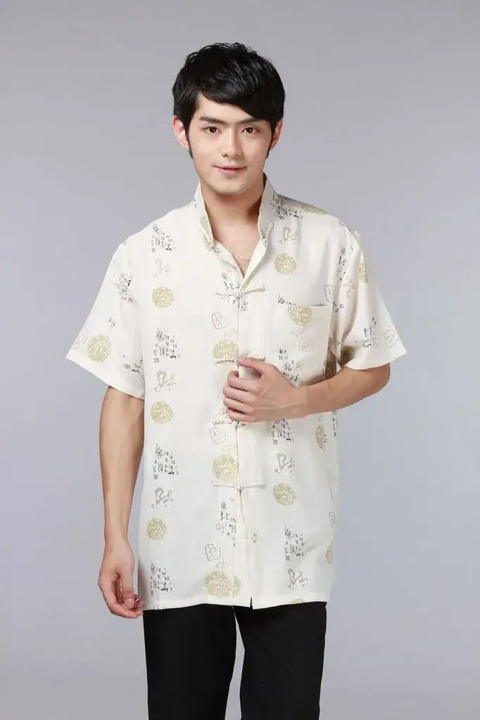 Men's Printed Red Chinoiserie Shirt Cotton Linen Short Sleeve