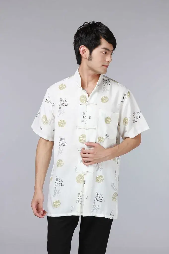 Men's Printed Red Chinoiserie Shirt Cotton Linen Short Sleeve