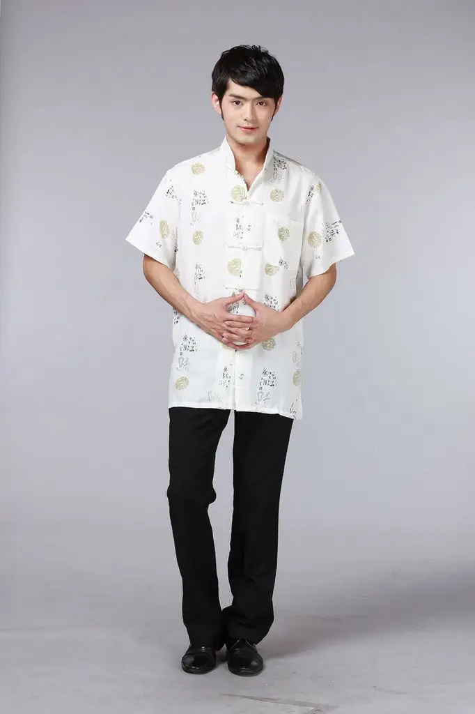 Men's Printed Red Chinoiserie Shirt Cotton Linen Short Sleeve — feature 3