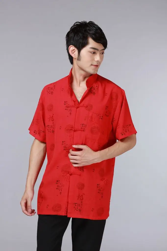 Men's Printed Red Chinoiserie Shirt Cotton Linen Short Sleeve — feature 4