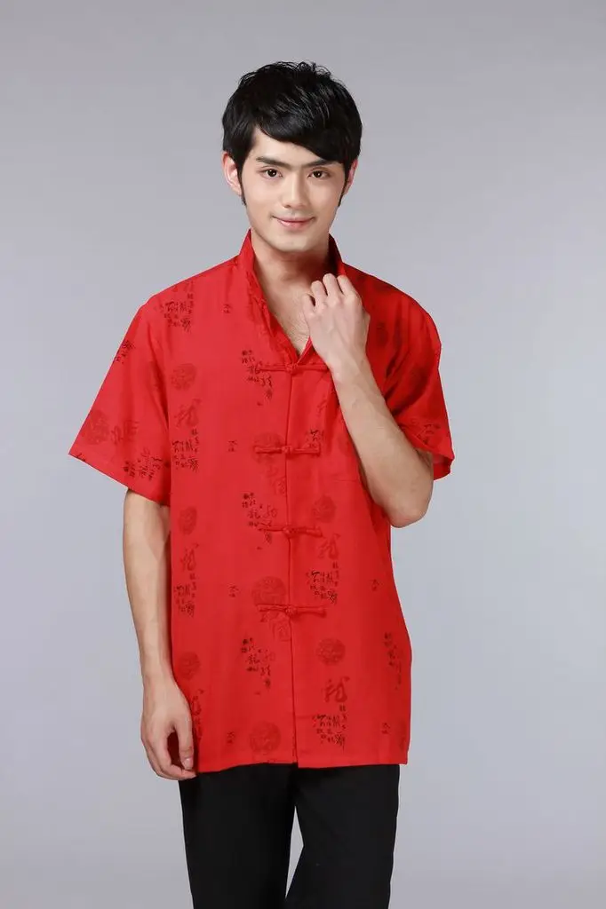 Men's Printed Red Chinoiserie Shirt Cotton Linen Short Sleeve — feature 5