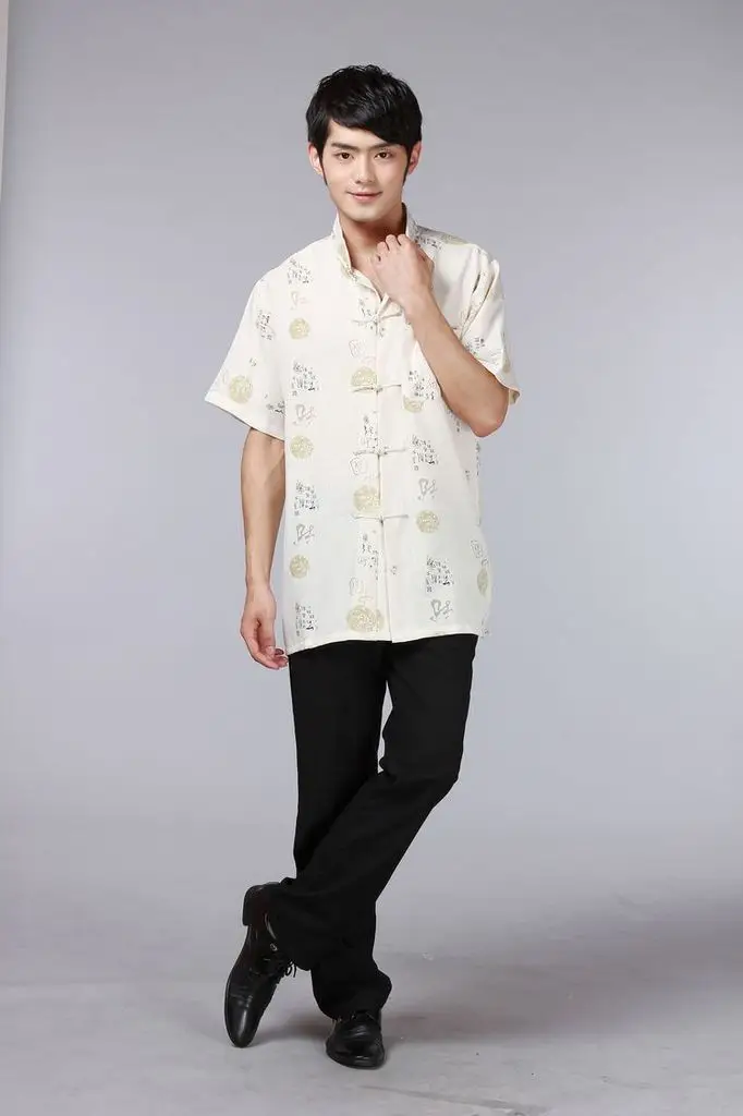 Men's Printed Red Chinoiserie Shirt Cotton Linen Short Sleeve — feature 7