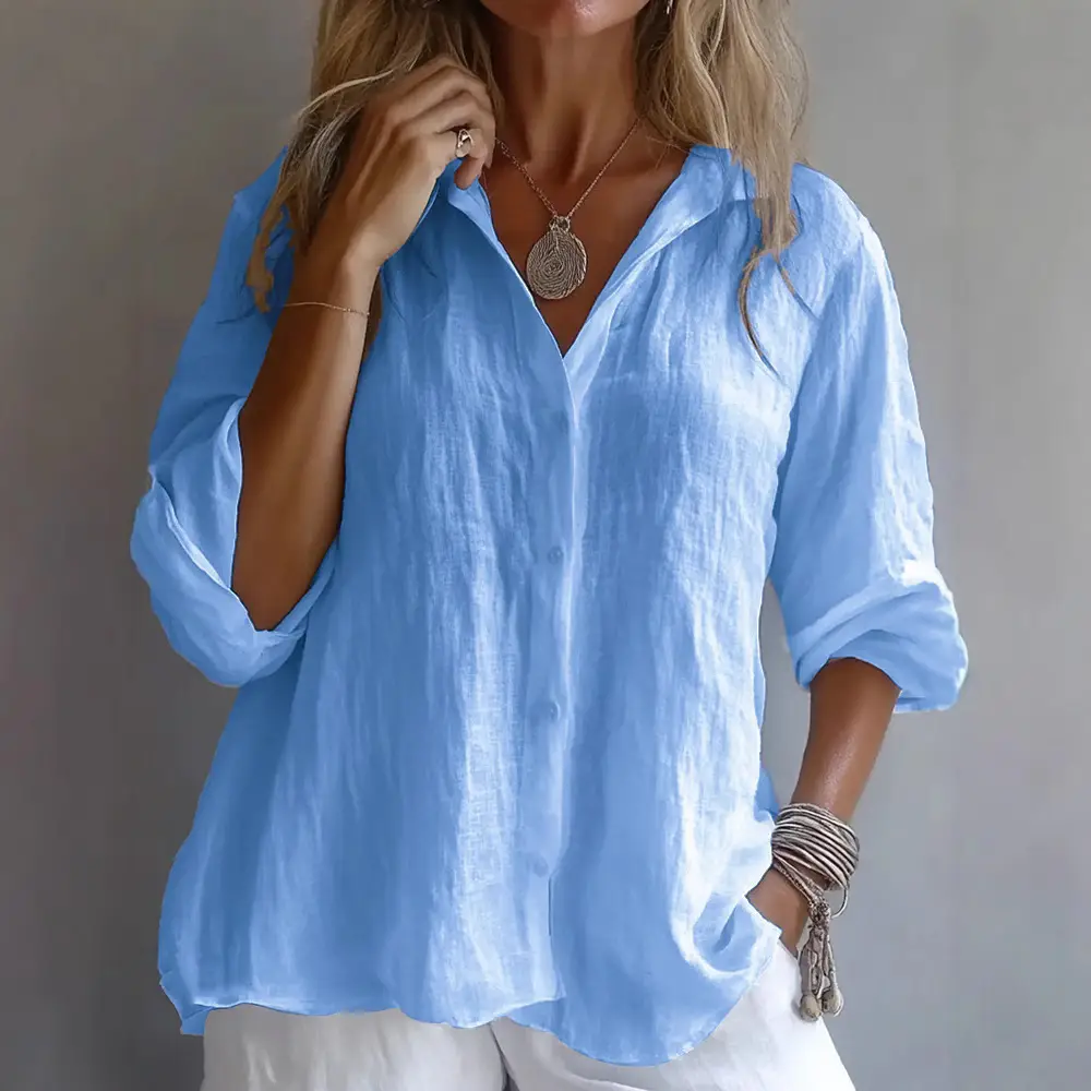 White Linen V-Neck Long Sleeve Shirt for Women - Image 6
