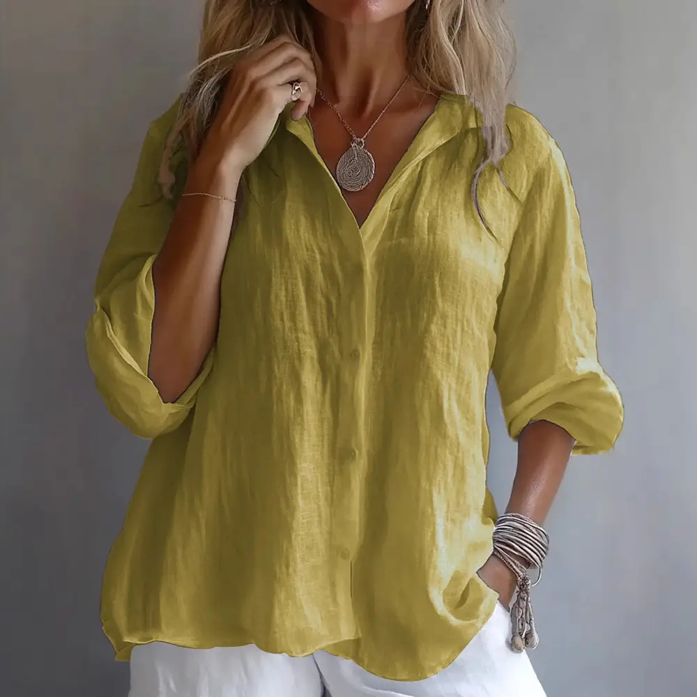 White Linen V-Neck Long Sleeve Shirt for Women - Image 7