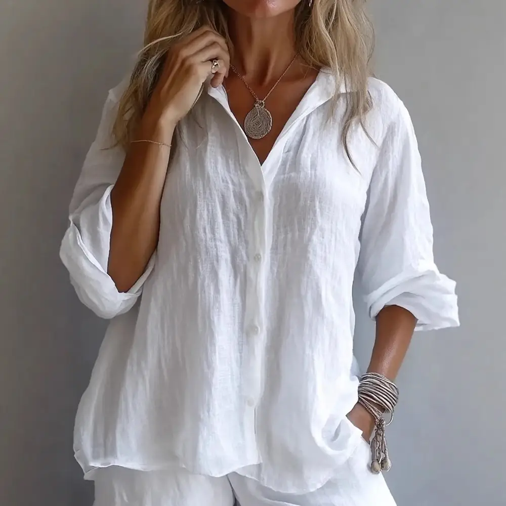 White Linen V-Neck Long Sleeve Shirt for Women - Image 9