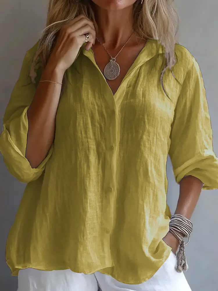 White Linen V-Neck Long Sleeve Shirt for Women - Image 3
