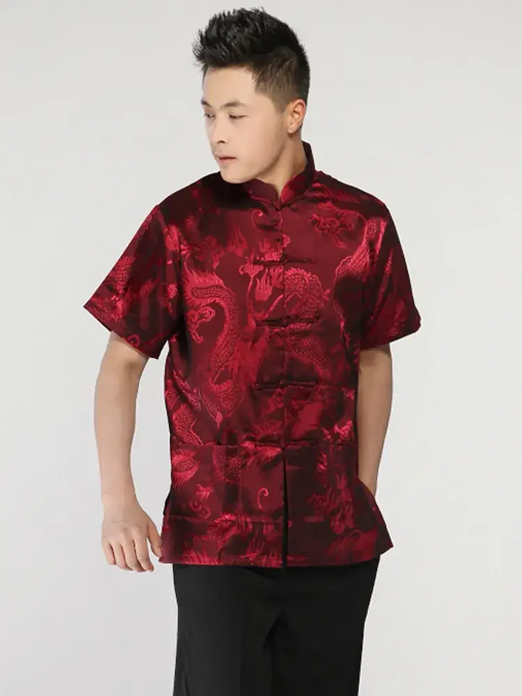 Men's Printed Yinlong Silk Top Golden Yellow Summer Ethnic - Image 4