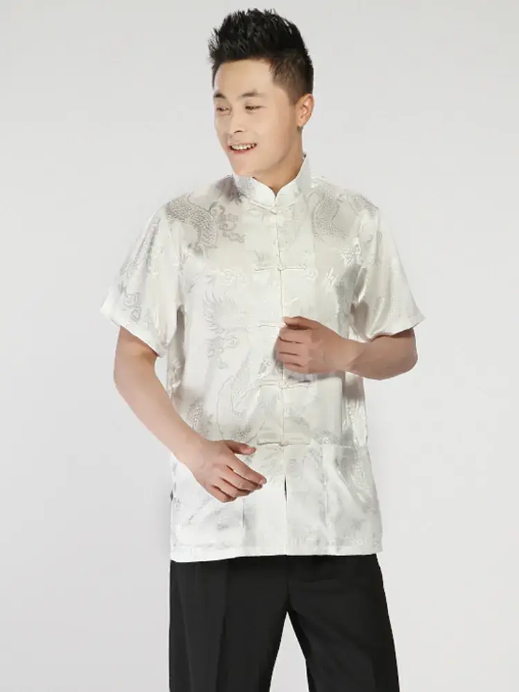 Men's Printed Yinlong Silk Top Golden Yellow Summer Ethnic - Image 7