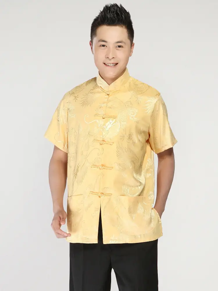 Men's Printed Yinlong Silk Top Golden Yellow Summer Ethnic — feature 5