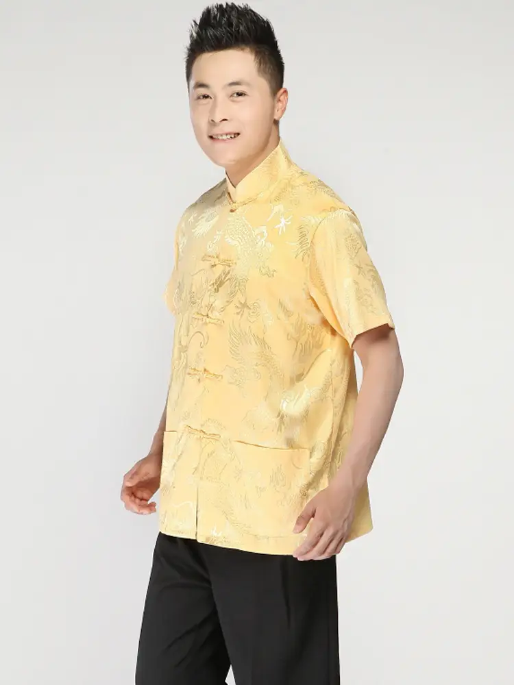 Men's Printed Yinlong Silk Top Golden Yellow Summer Ethnic — feature 6