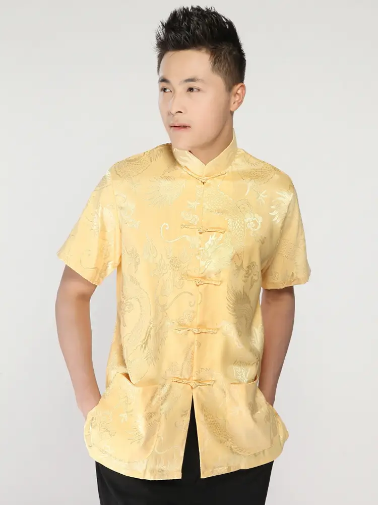 Men's Printed Yinlong Silk Top Golden Yellow Summer Ethnic — feature 7