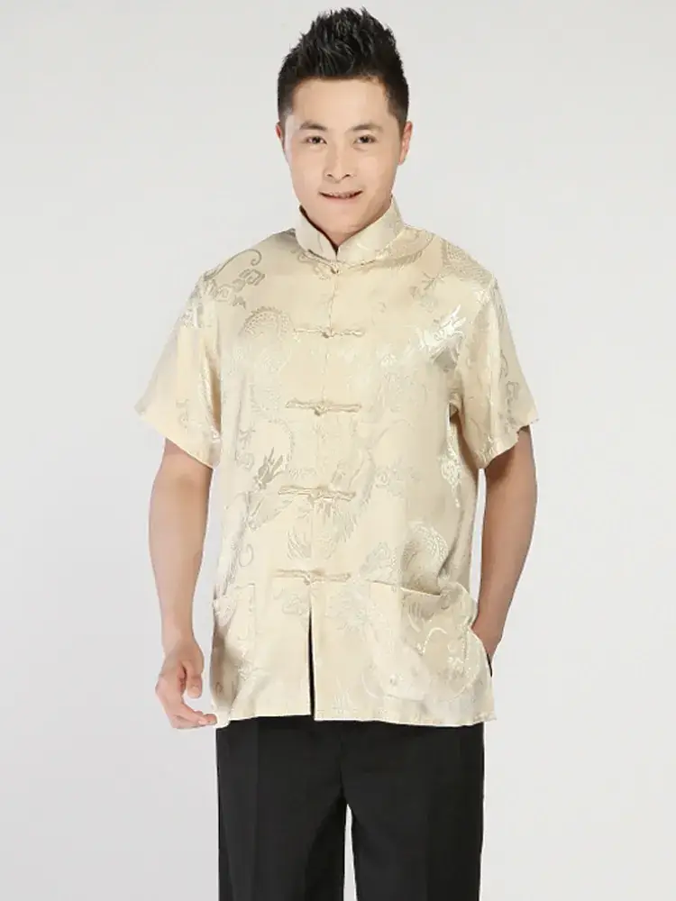 Men's Printed Yinlong Silk Top Golden Yellow Summer Ethnic - Image 3