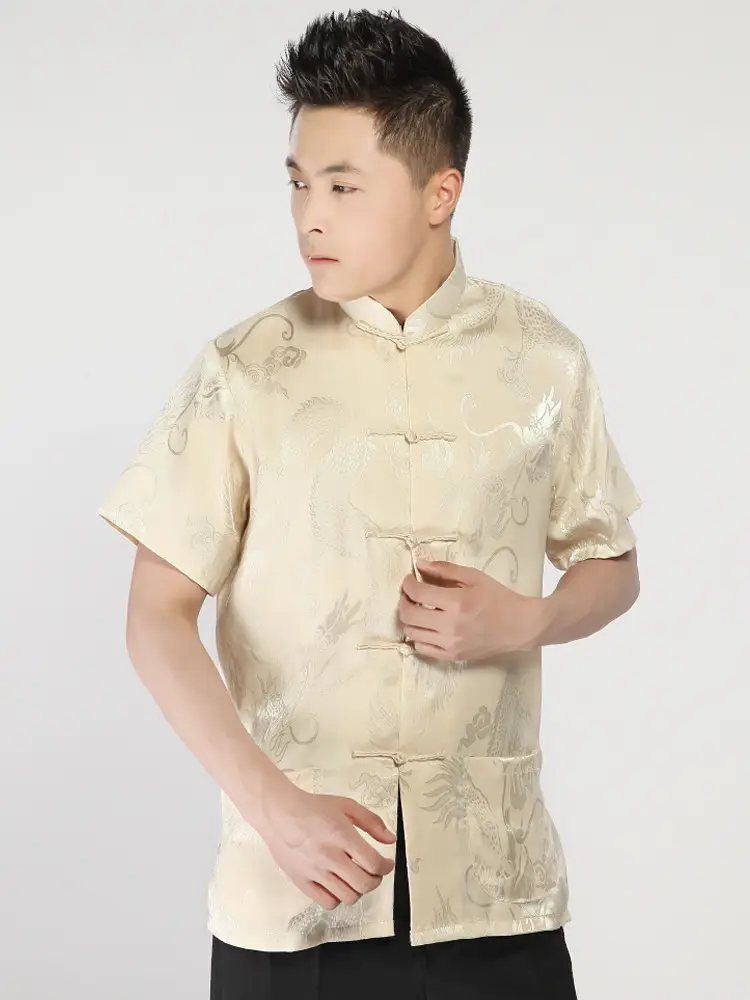 Men's Silk Dragon Embroidered Chinese Tang Suit Yellow — feature 4