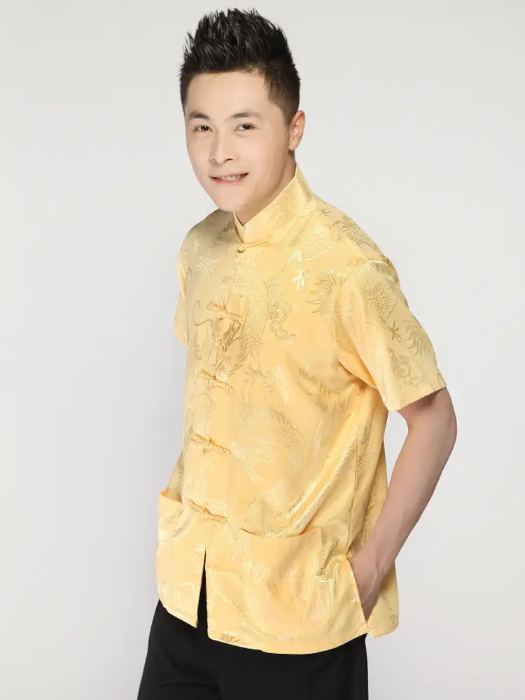 Men's Silk Dragon Embroidered Chinese Tang Suit Yellow — feature 6