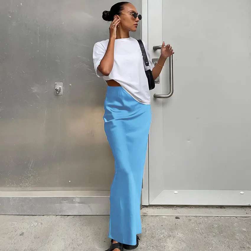 Women Silk Satin Ped Hip Skirt Blue White Set - Image 9