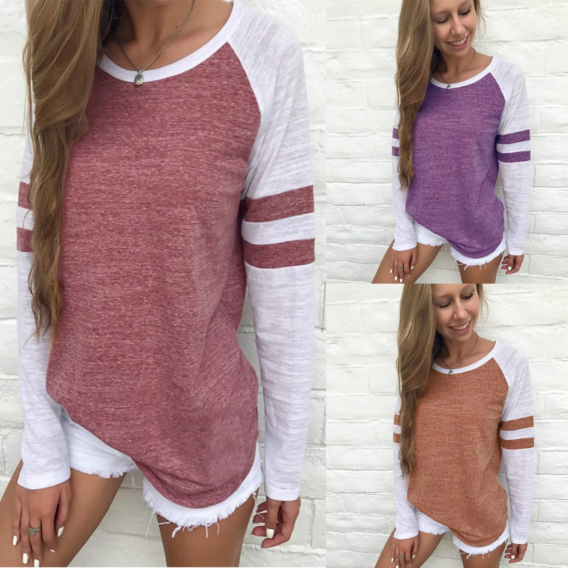 2021 Cross-Border Long Sleeve T-Shirt Red White Stripes - Image 12
