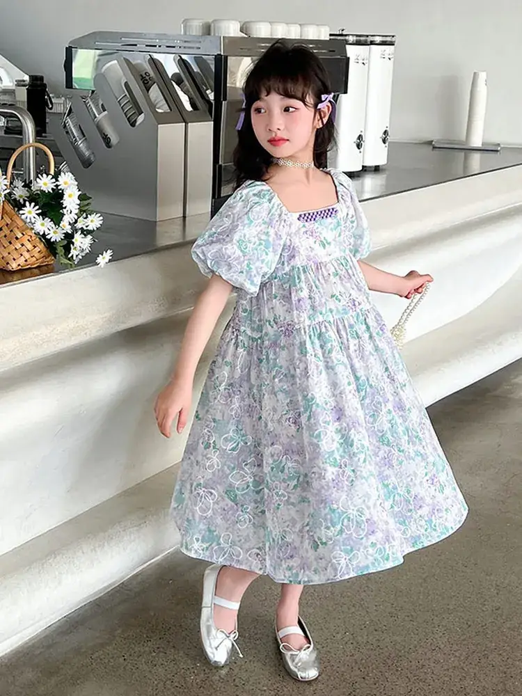 Girls Floral Jacquard Dress Square Neck Puff Sleeve - Image 3