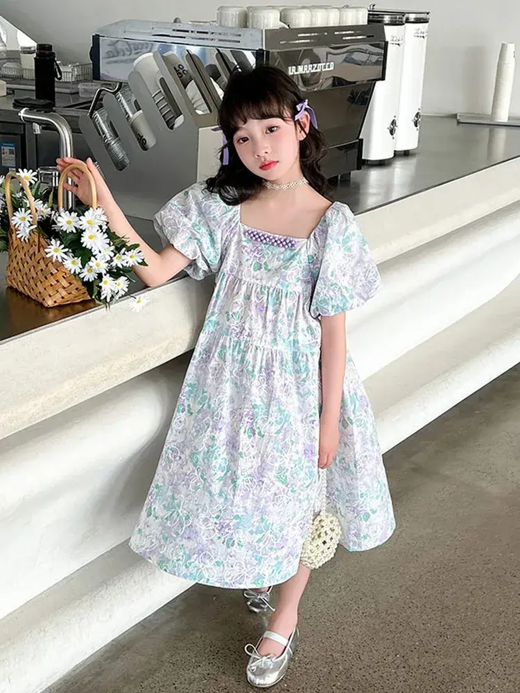 Girls Floral Jacquard Dress Square Neck Puff Sleeve - Image 4
