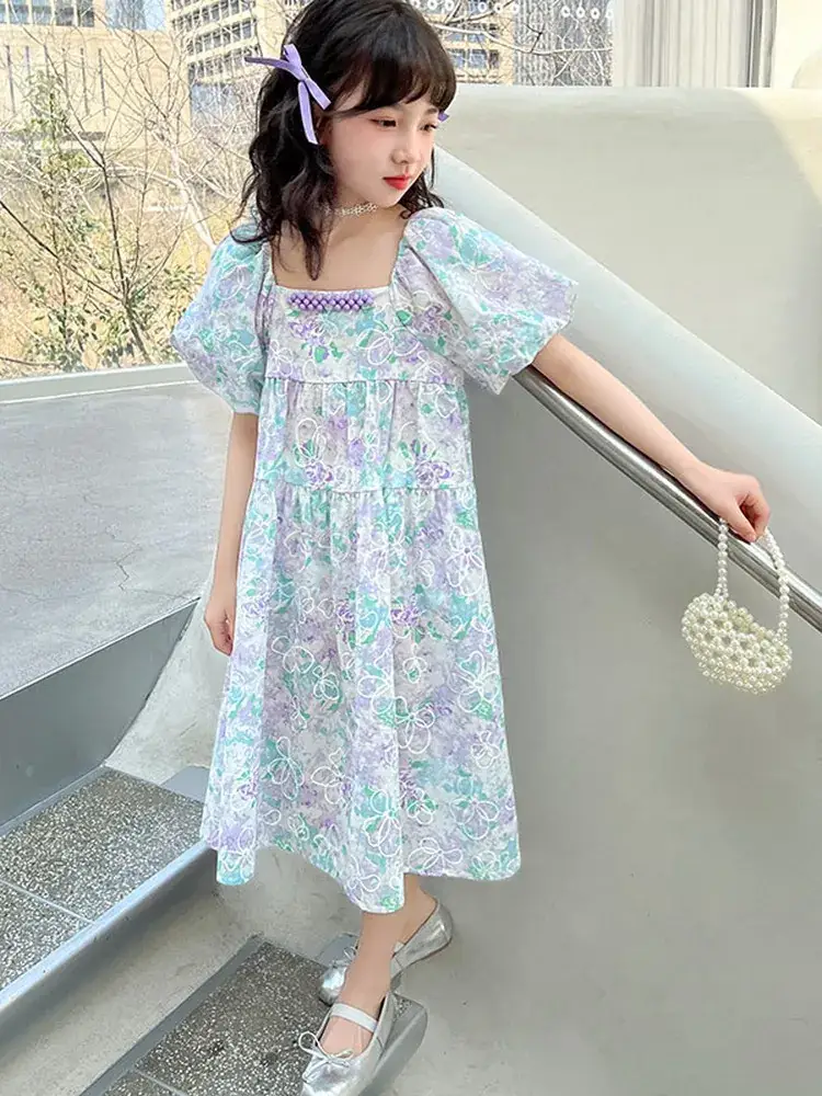 Girls Floral Jacquard Dress Square Neck Puff Sleeve - Image 5