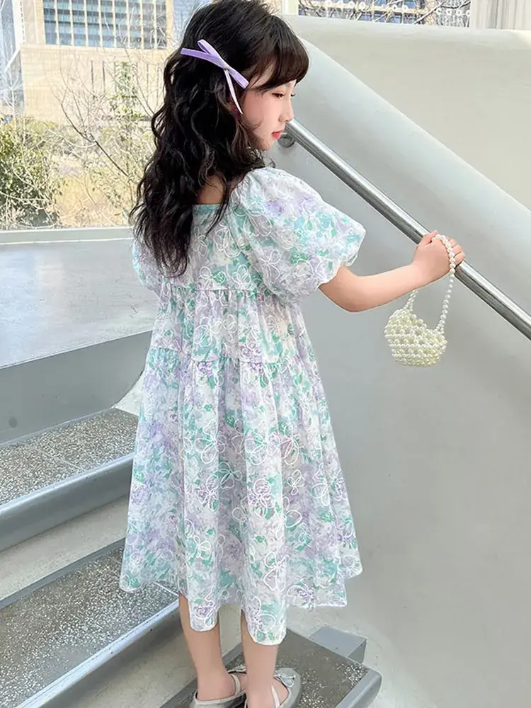 Girls Floral Jacquard Dress Square Neck Puff Sleeve - Image 6