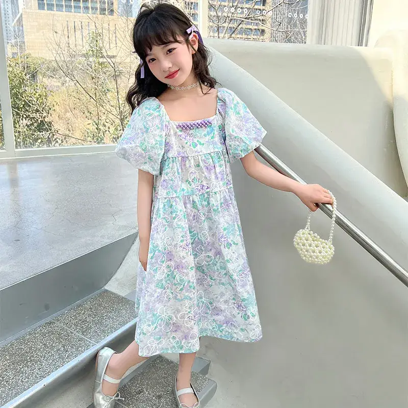 Girls Floral Jacquard Dress Square Neck Puff Sleeve - Image 1