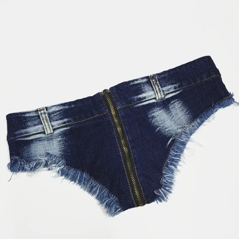 Women Denim Zipper Crotch Shorts with Fringe Trim - Image 3