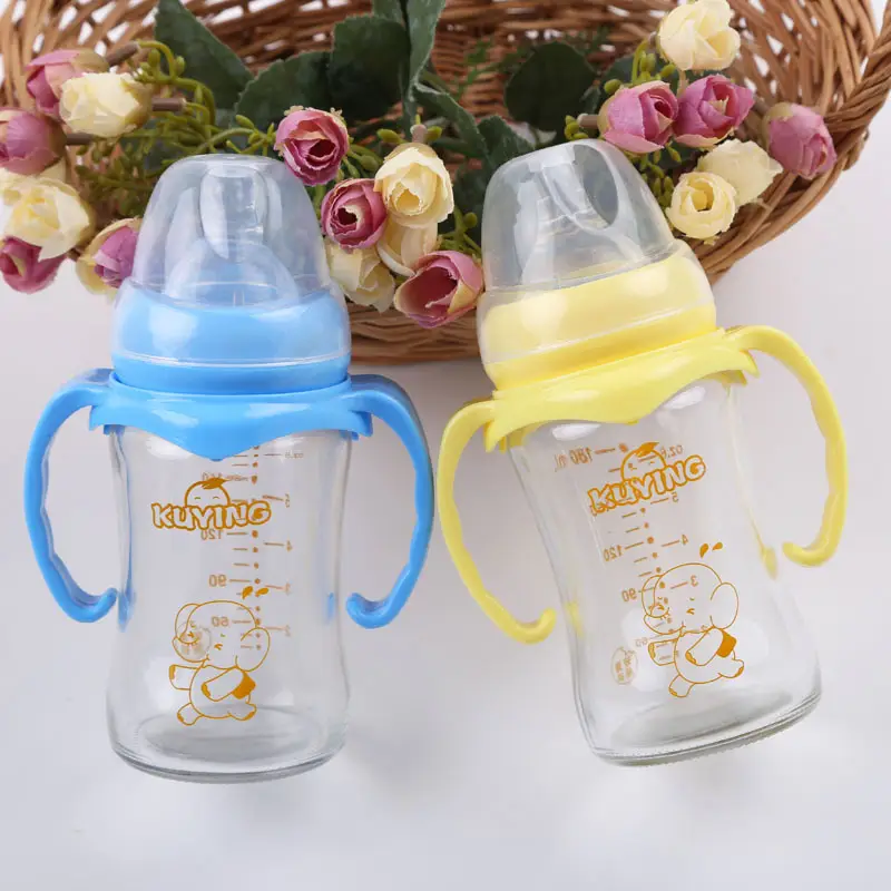 Baby bottle handle glass bottle newborn with straw handle wide caliber glass automatic bottle